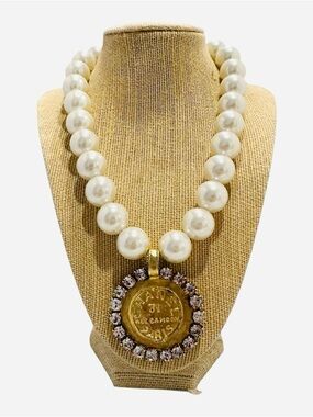 Yochi Pearl Necklace with Gold Medallion and Crystal Halo